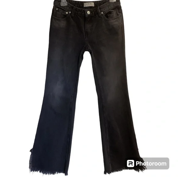 We The Free Black Denim Distressed Raw Hem Flare Boho Mid-Rise Jeans, Size 26 - Picture 3 of 15
